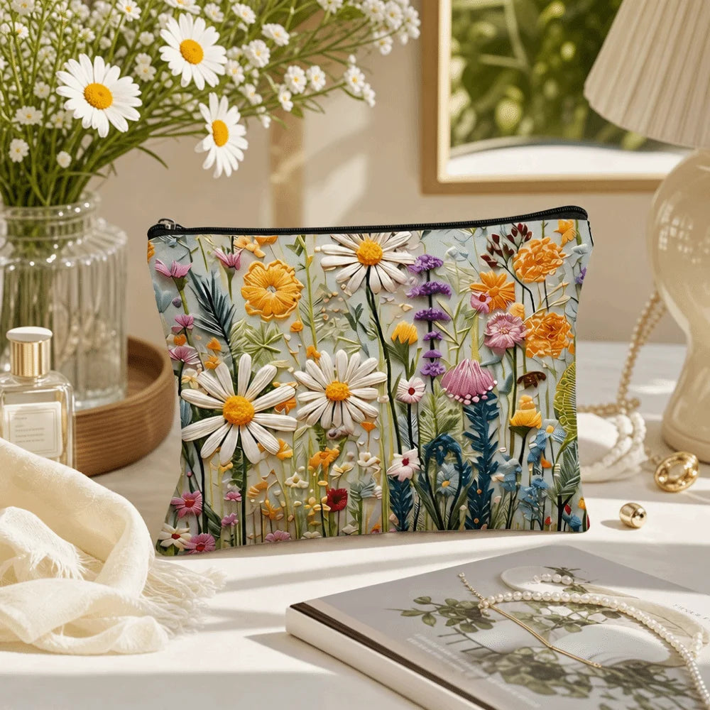 Floral Canvas Makeup Bag – Large Zipper Cosmetics Organizer