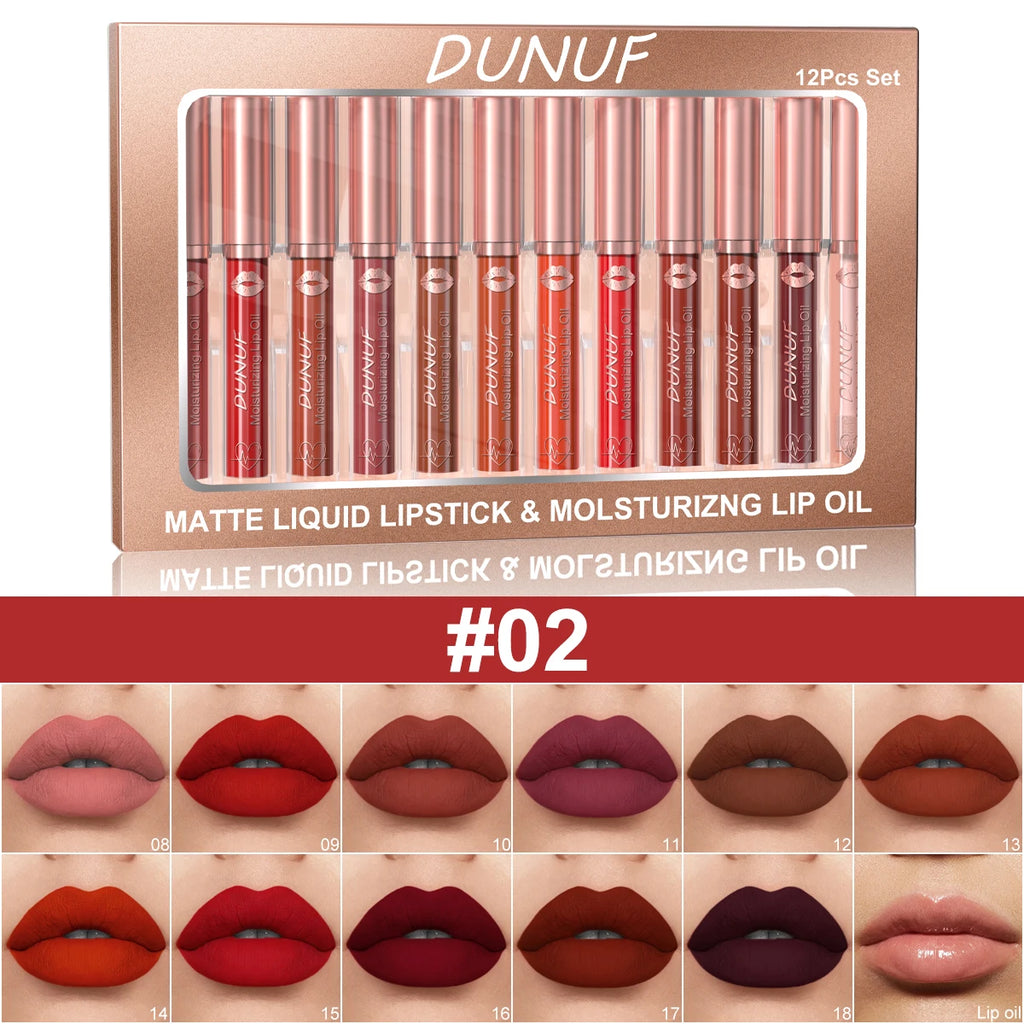 DUNUF 12 Pcs Matte Lipstick Lip Gloss Waterproof Long-lasting Easy Coloring Beginner Friendly Non-stick Cup Shape Non-fading Moi Oasis Select 02