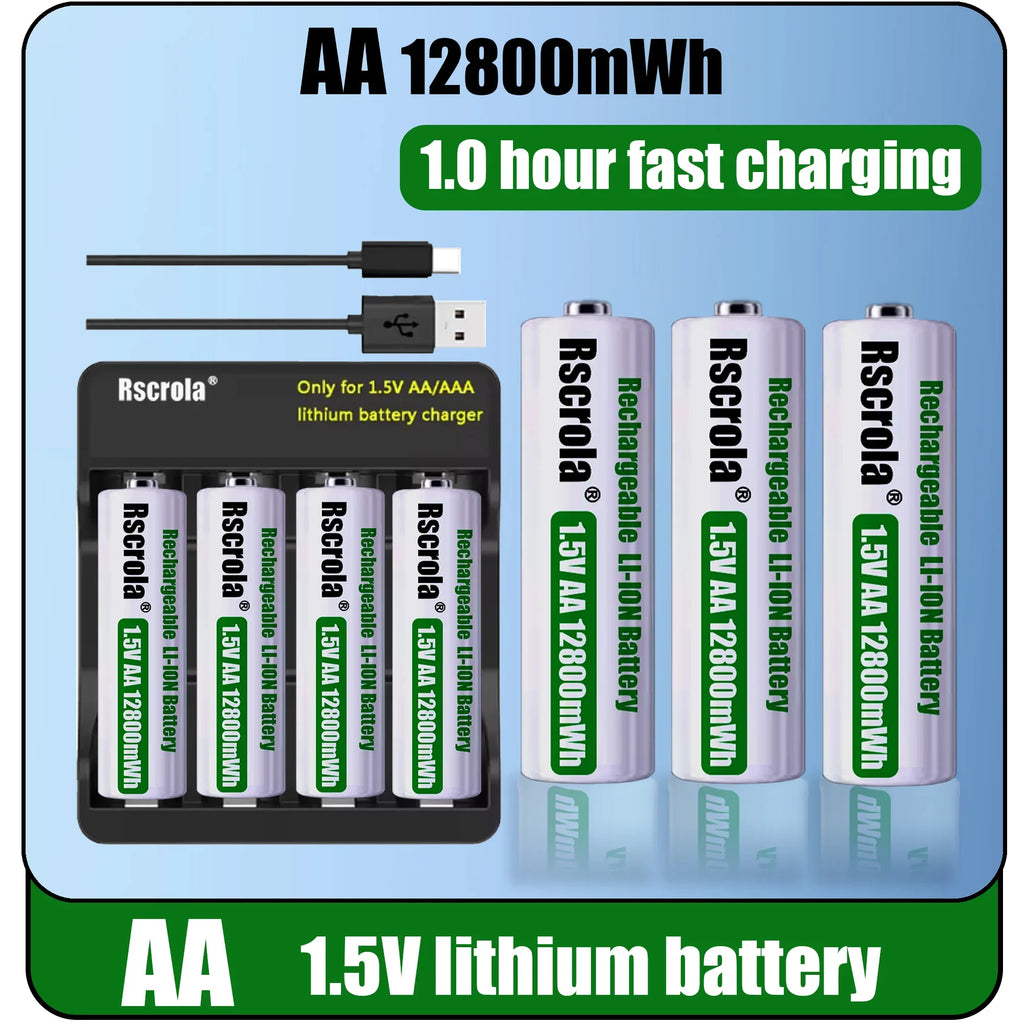 12800mWh 1.5V AA Battery Rechargeable Lithium-ion Battery AA Battery for remote control mouse fan Electric toy Oasis Select