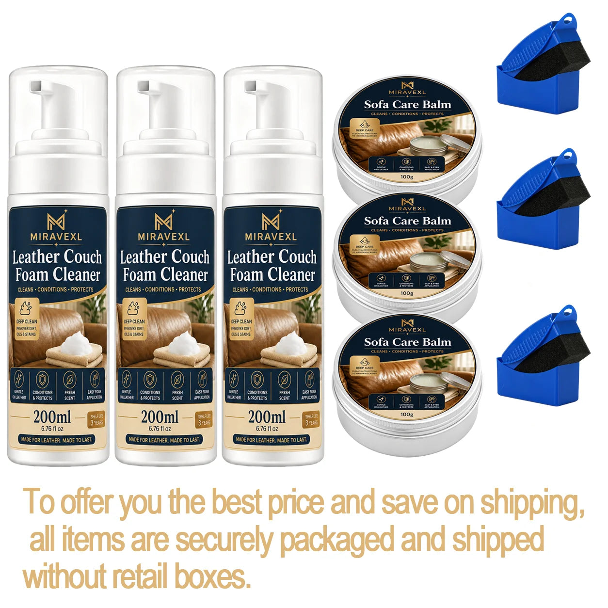 MIRAVEXL Leather Couch Foam Cleaner & Sofa Care Balm Kit with Sponge, Deep Clean,Condition and Protect Leather Seats for Home 2 Oasis Select 3SET