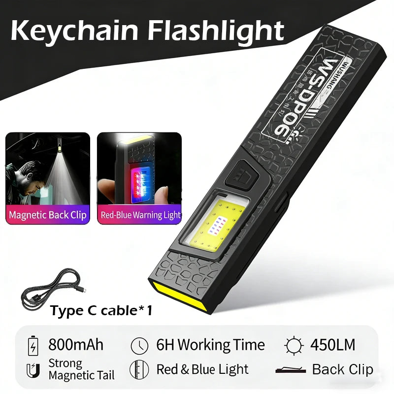 Powerful Mini COB LED Keychain Flashlight USB C Rechargeable Hanging Work Light Waterproof Keyring Camping Walking Pocket Lamp Oasis Select EDC Flashlight A