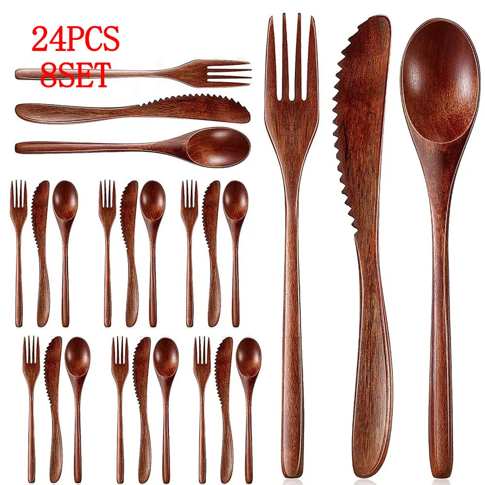 24/12 Pieces Wooden Spoon Soup Spoon and Fork Tableware Natural Ellipse Ladle Spoon Set Eco Friendly Products Spoons for Cooking Oasis Select 24PCS
