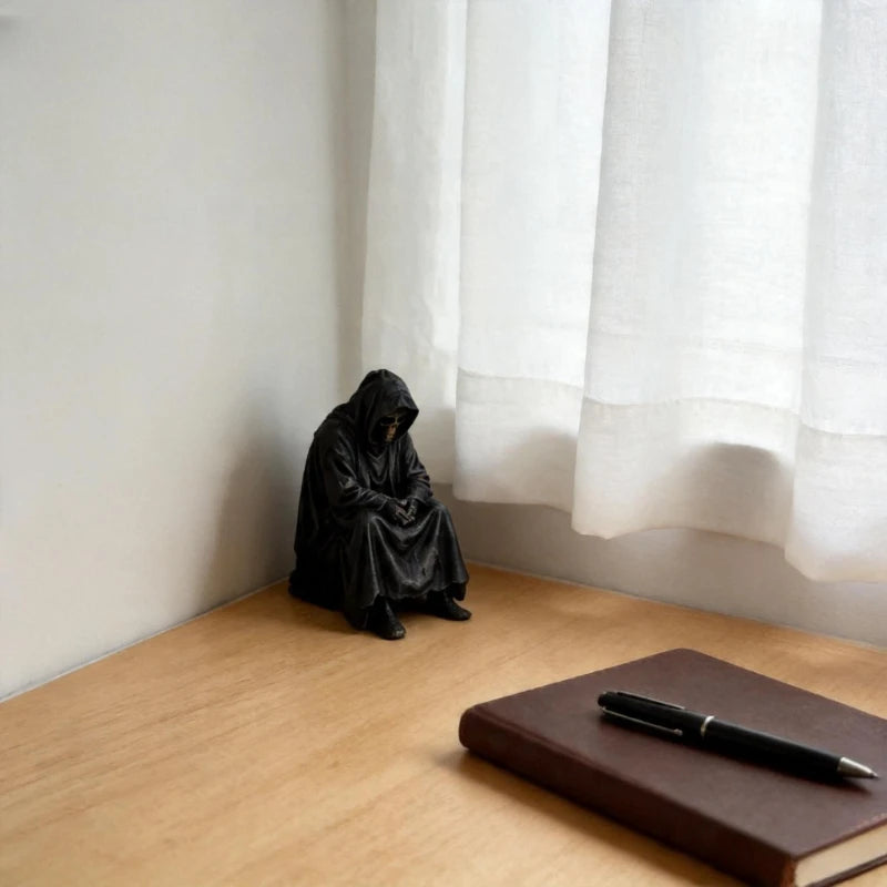 Sad Black Hooded Skull Miniature Gothic Figurine Home Desktop Handicrafts Ornaments Sitting Reaper Ornament Home Decoration Gift Oasis Select