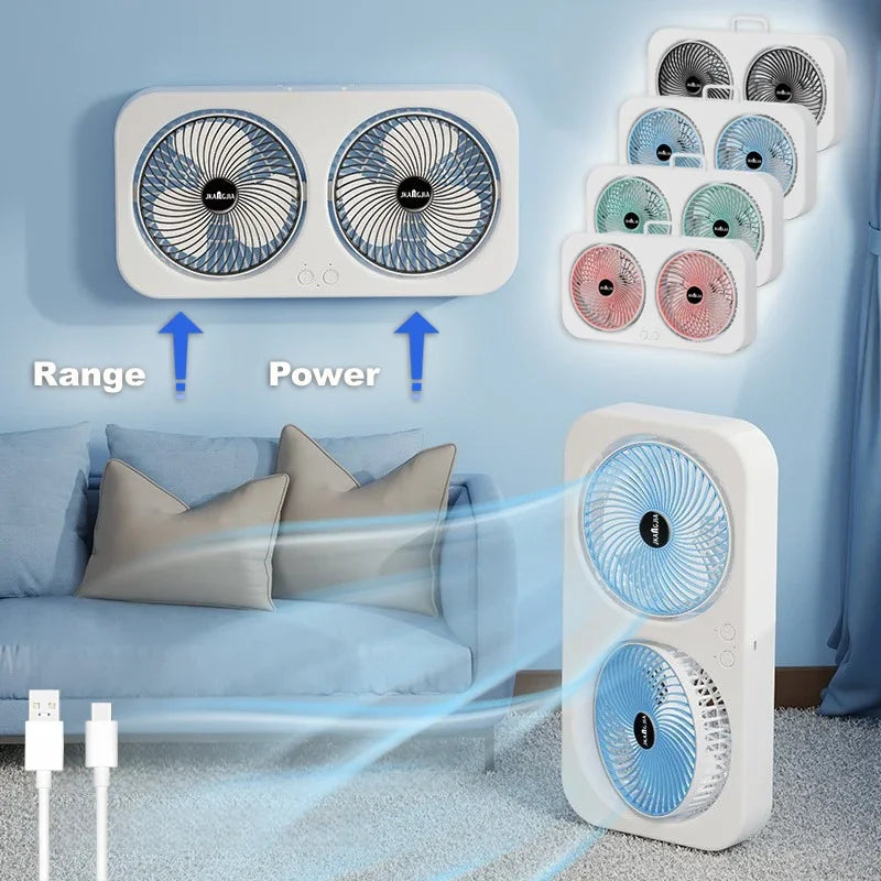 Dual Head Wall Mountable Desk Fan USB Rechargeable 3 Speed Quiet Portable with Large Battery for Living Room Office Dorm Oasis Select
