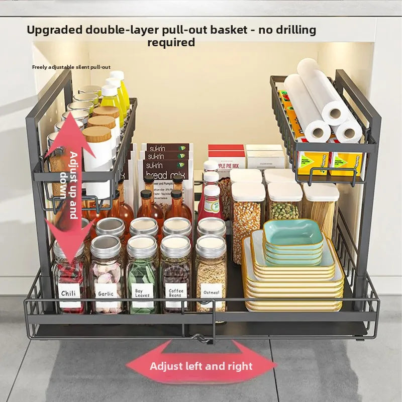 Retractable kitchen sink rack double-layer cabinet seasoning basket multi-functional storage rack under the sink Oasis Select