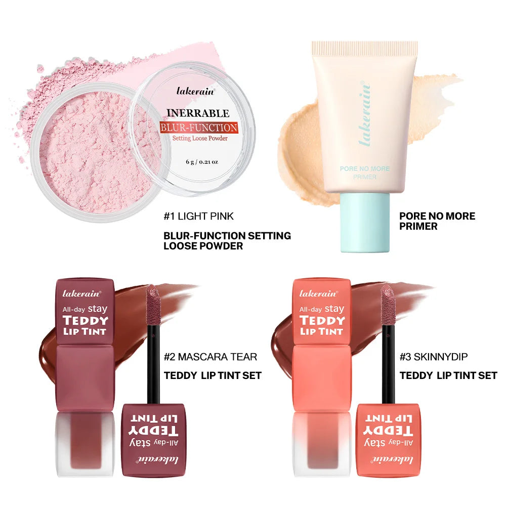 4pcs/set Pore No More Primer + Lip Tint + Loose Setting Powder Makeup Set Matte Long-Lasting Waterproof Effect Travel Portable Oasis Select