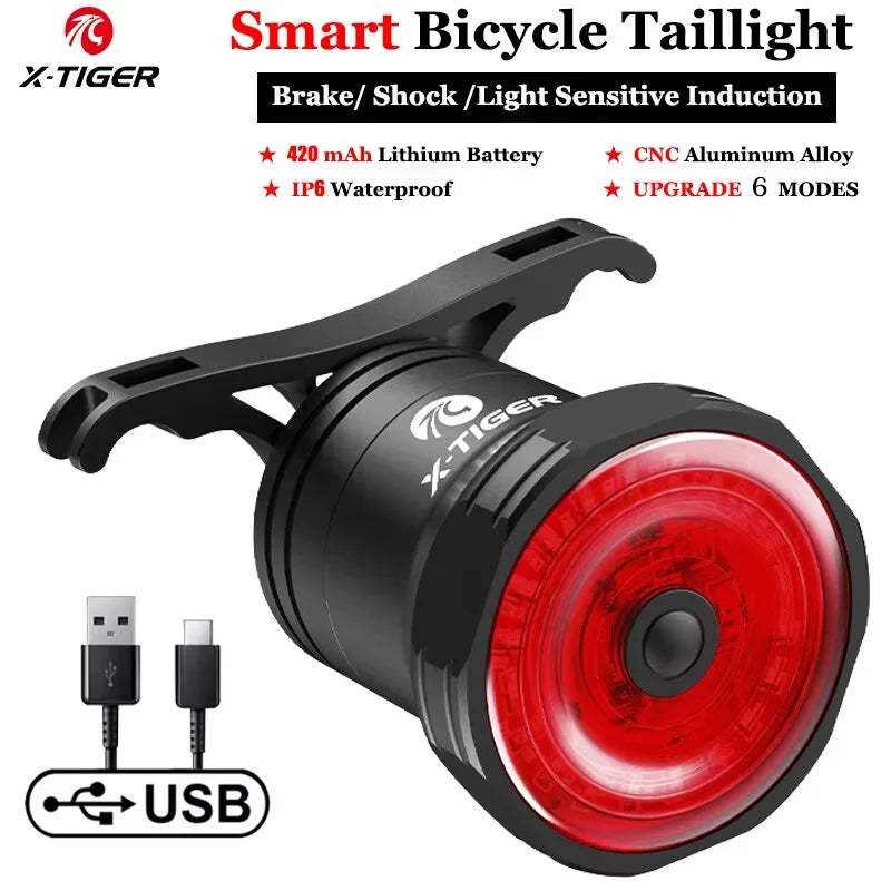 X-TIGER Bike Rear Light Smart Brake Sensing Light Bicycle Tail Light IPX6 Waterproof LED Charging Taillight Cycling Accessories Oasis Select WD-1103