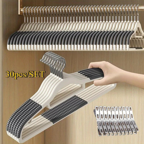 30pcs（10 hangers+20 clips） Anti Slip Hangers Set - Heavy Duty Velvet Clothing Hangers for Wardrobe, Multiple Colors Oasis Select