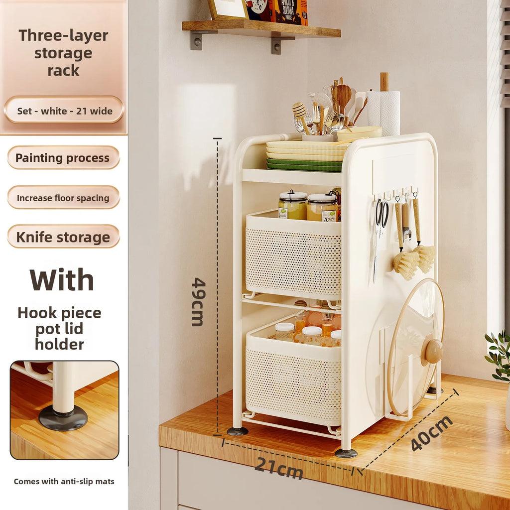 Kitchen seasoning rack Narrow slot seasoning tank Storage rack Side magnetic hanger Pull-out countertop storage cabinet Oasis Select White 3 big guogai