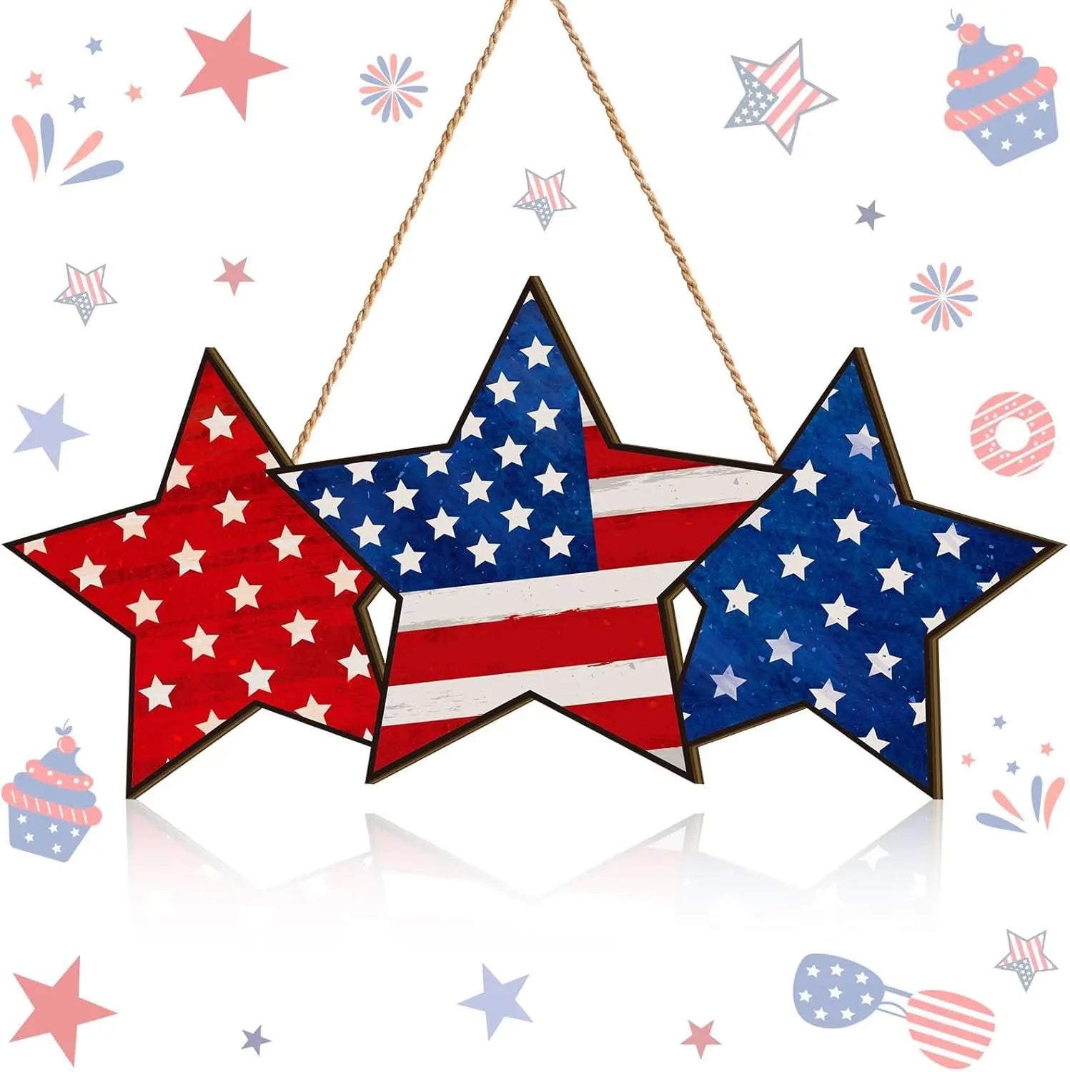 Independence Day Wooden Front Door Welcome Star Garland - Wooden Red, White and Blue Star Sign Door Plate Decoration Oasis Select Three stars