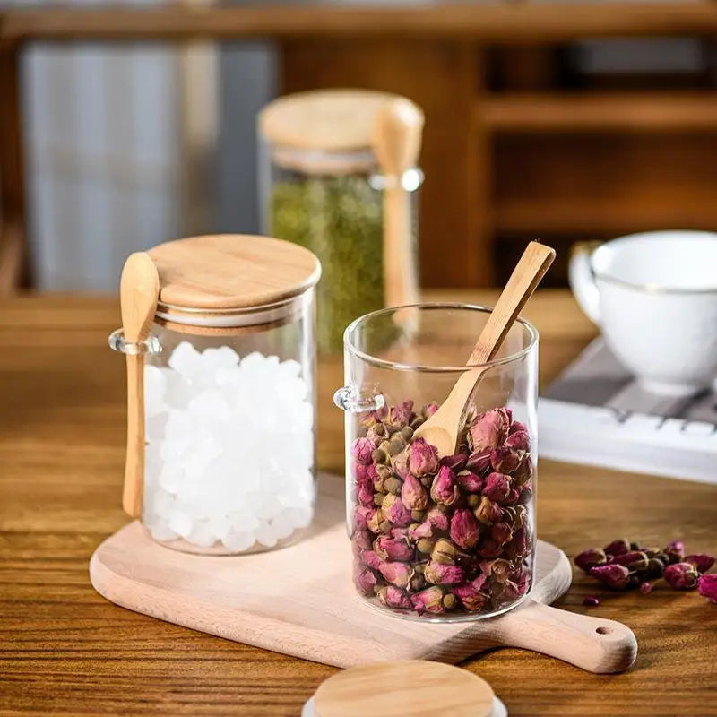 2Set High Borosilicate Glass Sealed Jar , with Bamboo Wooden Lids and Spoons – Hinged Lid Sealing Jars, Coffee Beans Containers Oasis Select