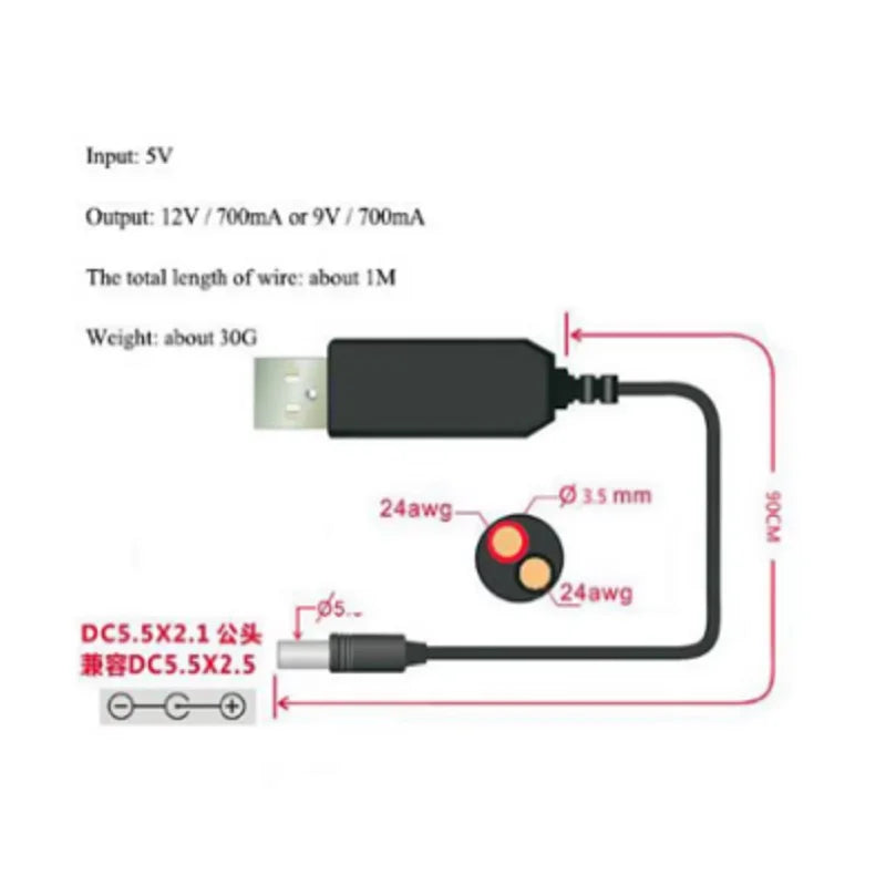 DC 5V DC 9V 12V Cable DC 5.5x2.1mm Plug USB power boost line DC 5V to DC 9V / 12V Step UP Module USB Converter Adapter Cable Oasis Select