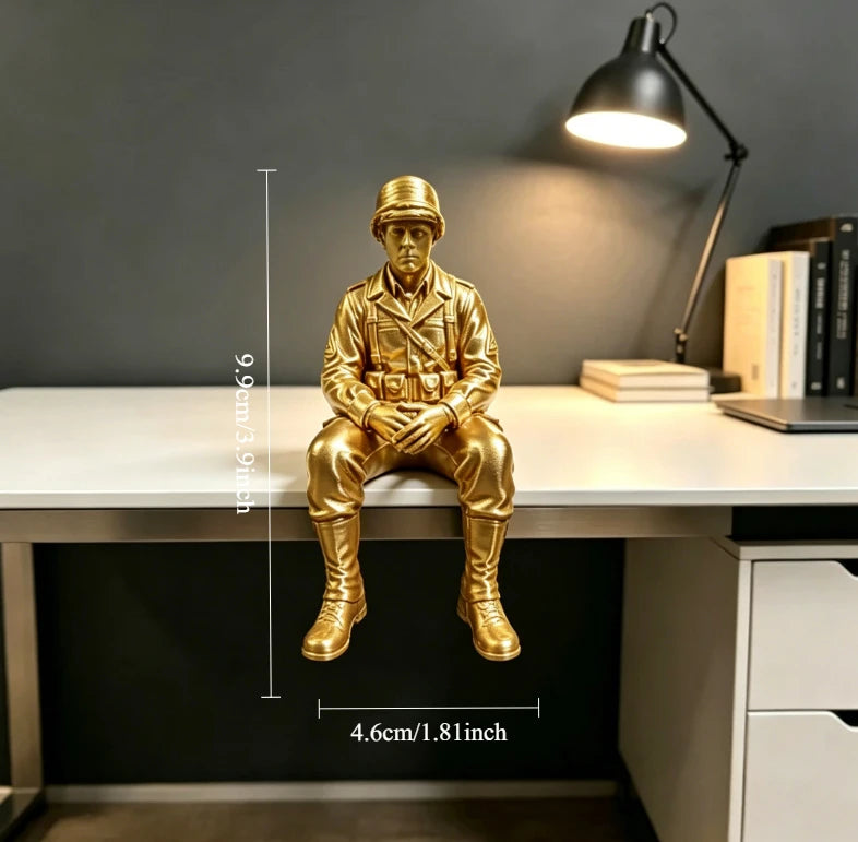 Retro Army Man Sitting Posture Figurine Shelf Decor Helmet Soldier Ornament Military Fan Gifts Minimalist Home Office Desk Decor Oasis Select Soldiers think 2
