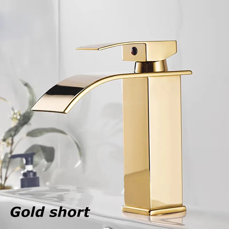 Waterfall Sink Faucet Bathroom Accessories Dual Control of Hot and Cold Bathroom Mixer Tap Washbasin Faucet Set Fixture Home Oasis Select Gold short