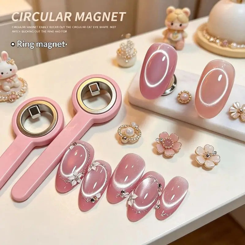 Round Cat Eye Magnet Ring with Handle, Hollow Strong Magnetic Nail Art Tool for DIY Gel Nail Polish Cat Eye Effect Oasis Select
