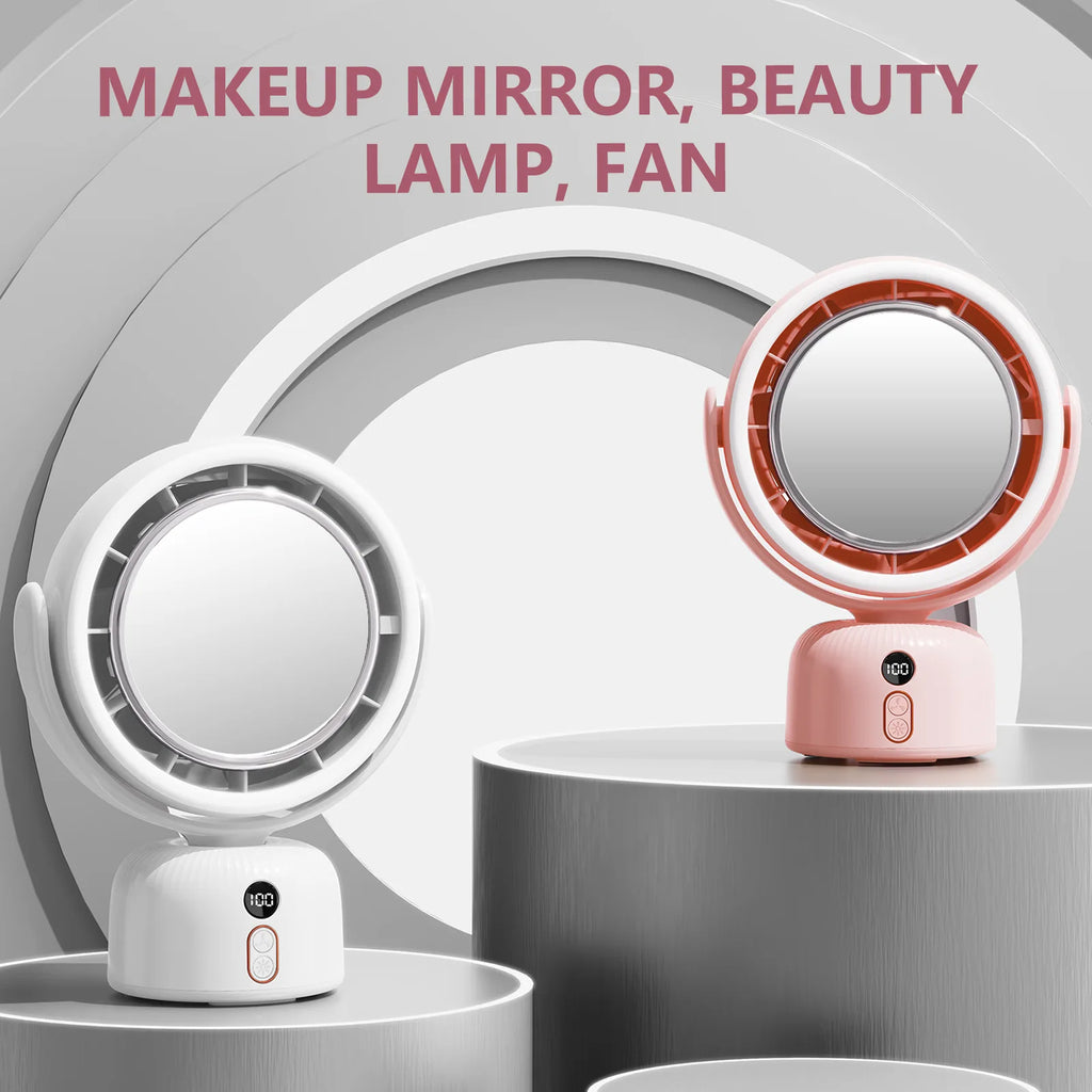 Cosmetic Mirror Bladeless Fan with LED Light – Portable Rechargeable