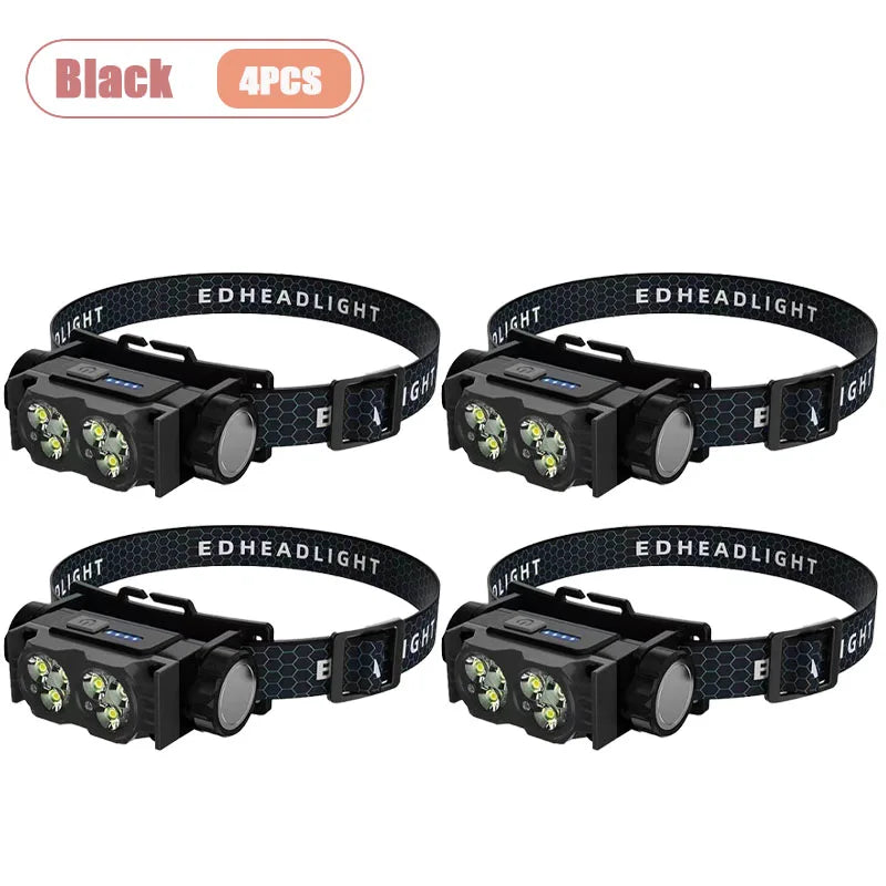 Professional LED Headlamp Super Bright Rechargeable Waterproof Light for Night Fishing Camping and Construction Work Oasis Select Black4PCS