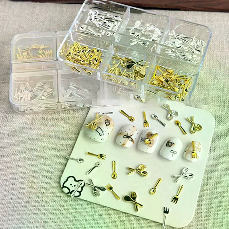 6 Grids/Box Mix Gold Silver Mini Forks Spoons Tableware Alloy Nail Art Rhinestones Decorations Manicure Cure Charms Accessories Oasis Select