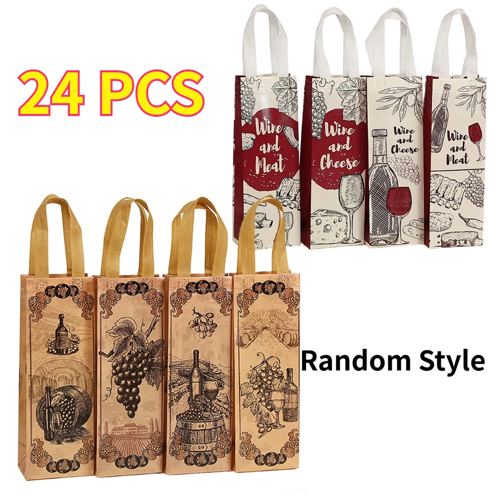 6/12/24 PCS Elegant Wine Gift Bags – Printed Non-Woven Totes with Handles for Wine Champagne Liquor Bottle Carrier for Parties Oasis Select Random 24pcs 35x12x9cm