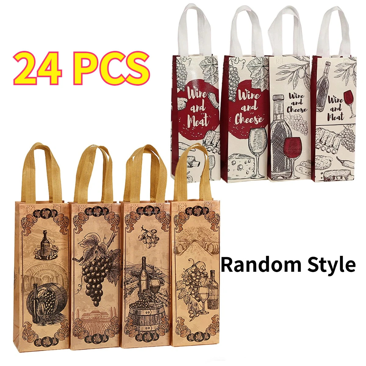 6/12/24 PCS Elegant Wine Gift Bags – Printed Non-Woven Totes with Handles for Wine Champagne Liquor Bottle Carrier for Parties Oasis Select Random 24pcs 35x12x9cm