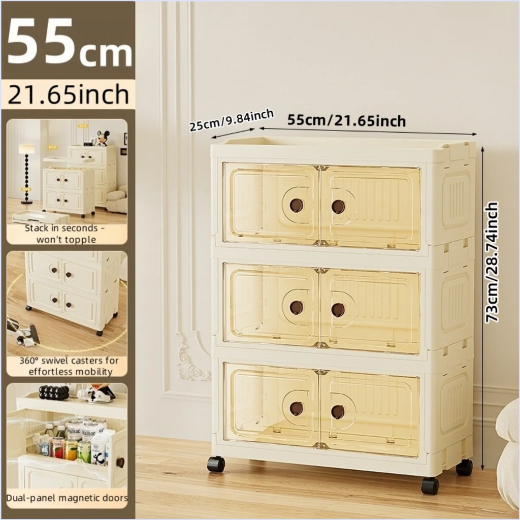 55cm Foldable Large Double-Door Storage Cabinet with Swivel Casters,3-6 Tier,Bedroom/Kitchen/Living Room Oasis Select Yellow-3-Layers