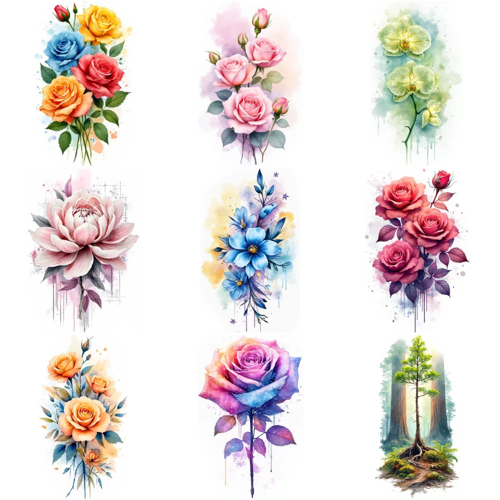 9pcs Floral Temporary Tattoos – Waterproof Botanical Stickers