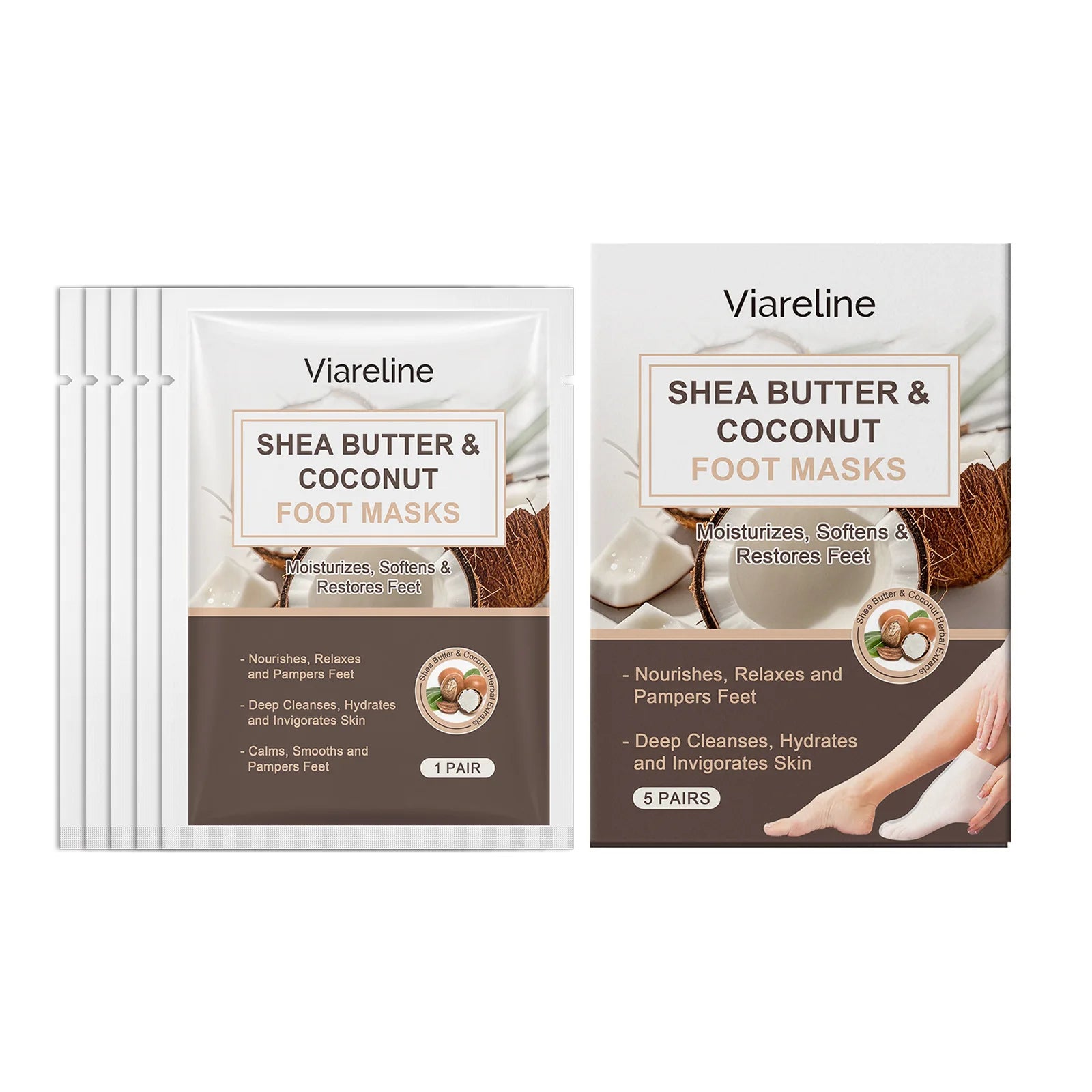 5PCS Coconut Foot Mask Peeling Spa Socks Smooth Dead Skin Remover Anti Crack Exfoliating Moisturizing Sea Salt Foot Patch Spa Oasis Select Coconut