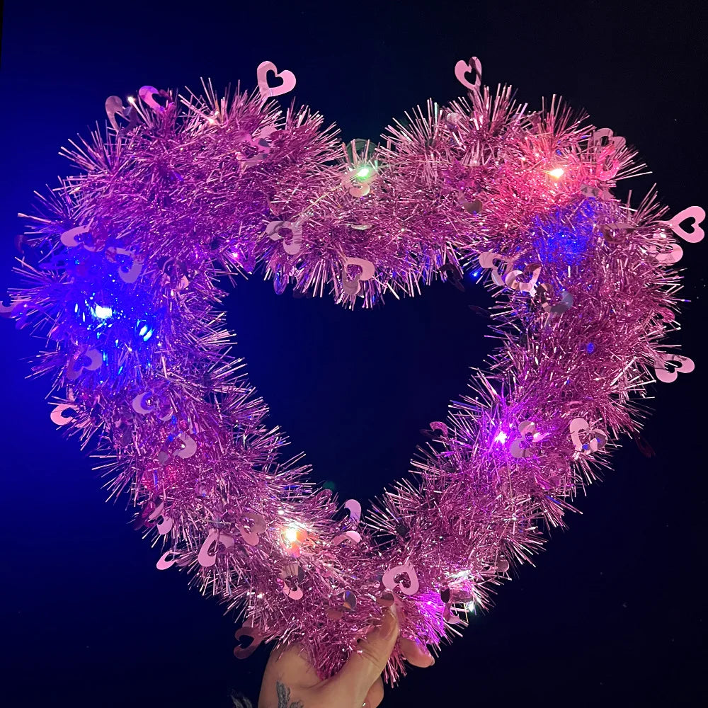 Romantic Luminous Heart Garland ValentineS Day Decoration Glowing Love Themed Fake Grass Garland Pendant for Home Wall Tabletop Oasis Select Coffee