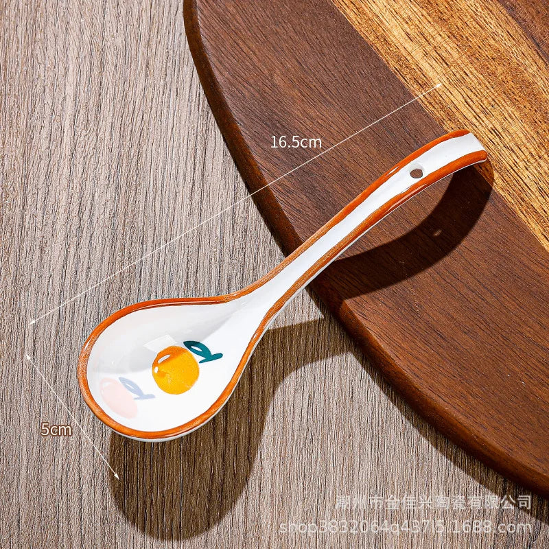Japanese Underglaze Ceramic Soup Spoon, Everyday Ceramic Soup Spoon Ramen Long-handled Curved Spoon Tableware Oasis Select Orange