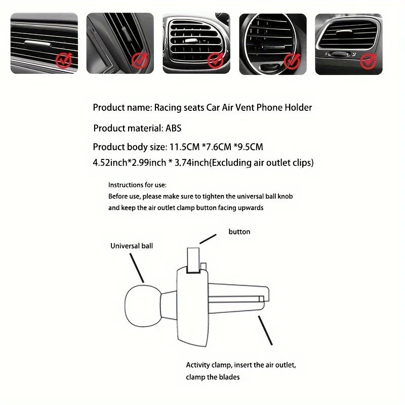 Racing Seat Car Phone Holder – Air Vent Mount | 360° Rotation