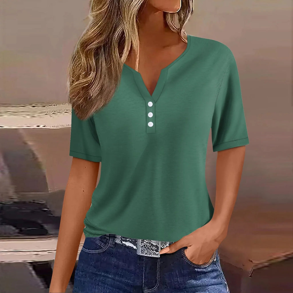 Women Summer Trendy Simple Casual Fashion Button T Shirt V Neck Short Sleeve Solid Loose Pullover Tops Plus Size Ropa De Mujer Oasis Select Dark Green S