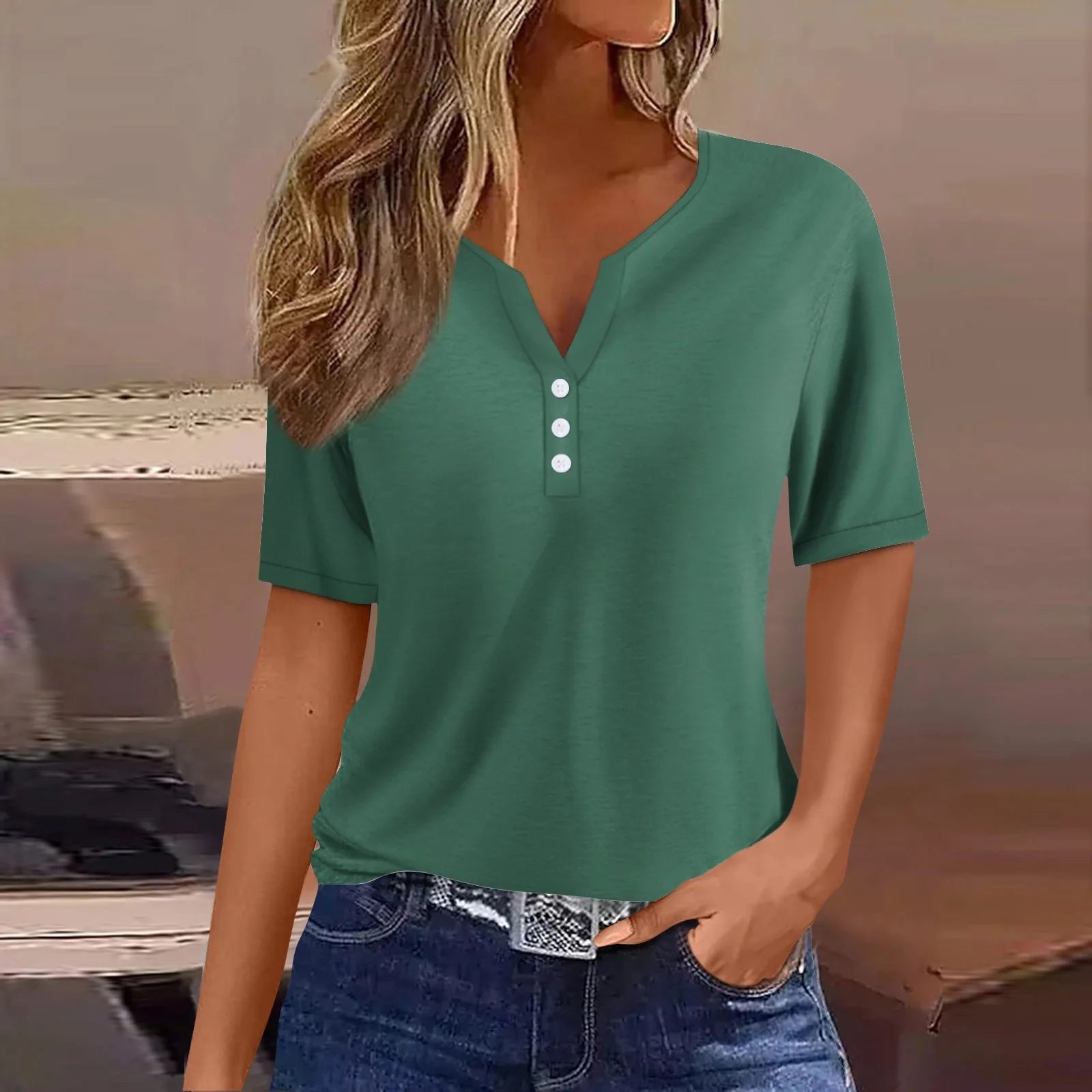 Women Summer Trendy Simple Casual Fashion Button T Shirt V Neck Short Sleeve Solid Loose Pullover Tops Plus Size Ropa De Mujer Oasis Select Dark Green S