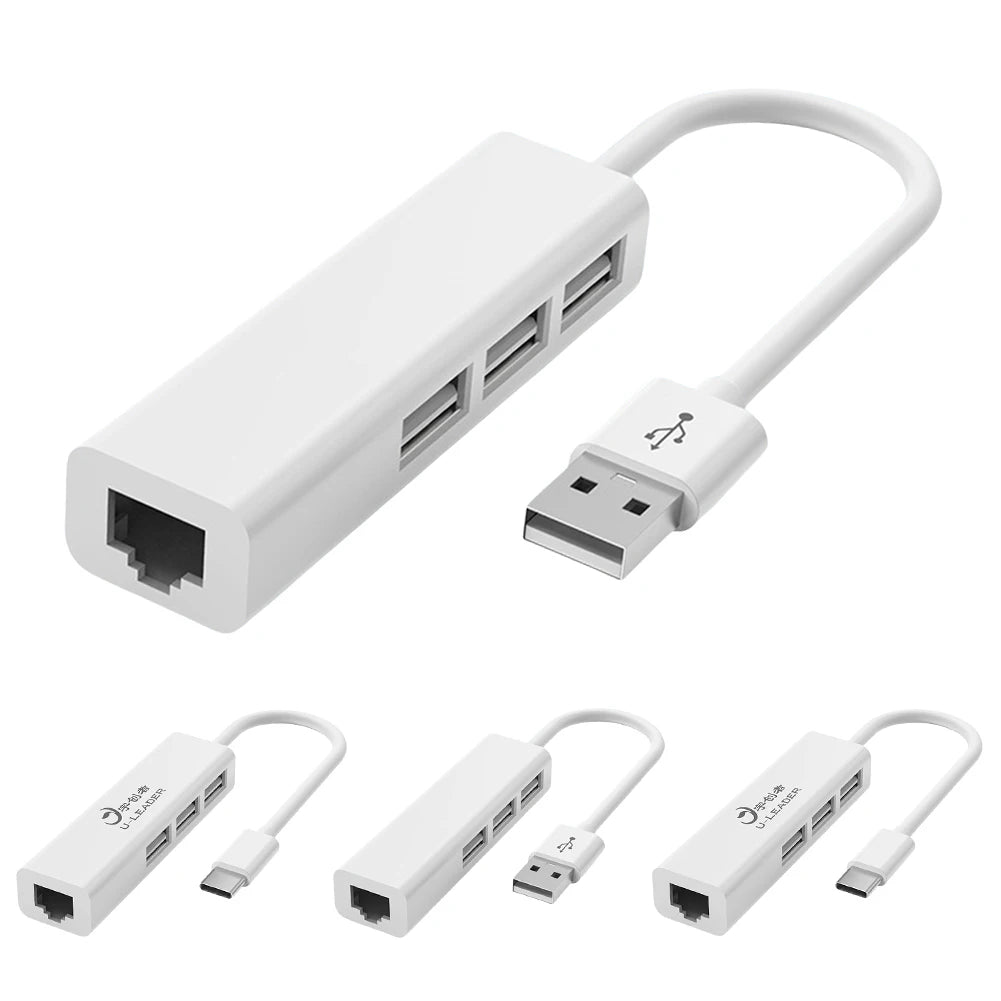 4-in-1 USB-C to RJ45 Ethernet Adapter + 3-Port USB 2.0 Hub USB-C Ethernet Hub Oasis Select