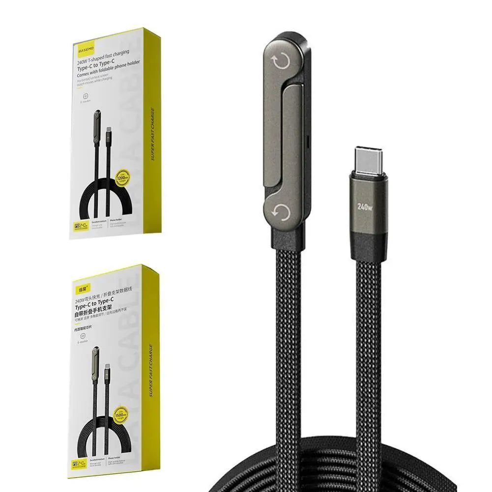 240W Fast Charging Cable with Phone Stand – 90° Elbow USB-C