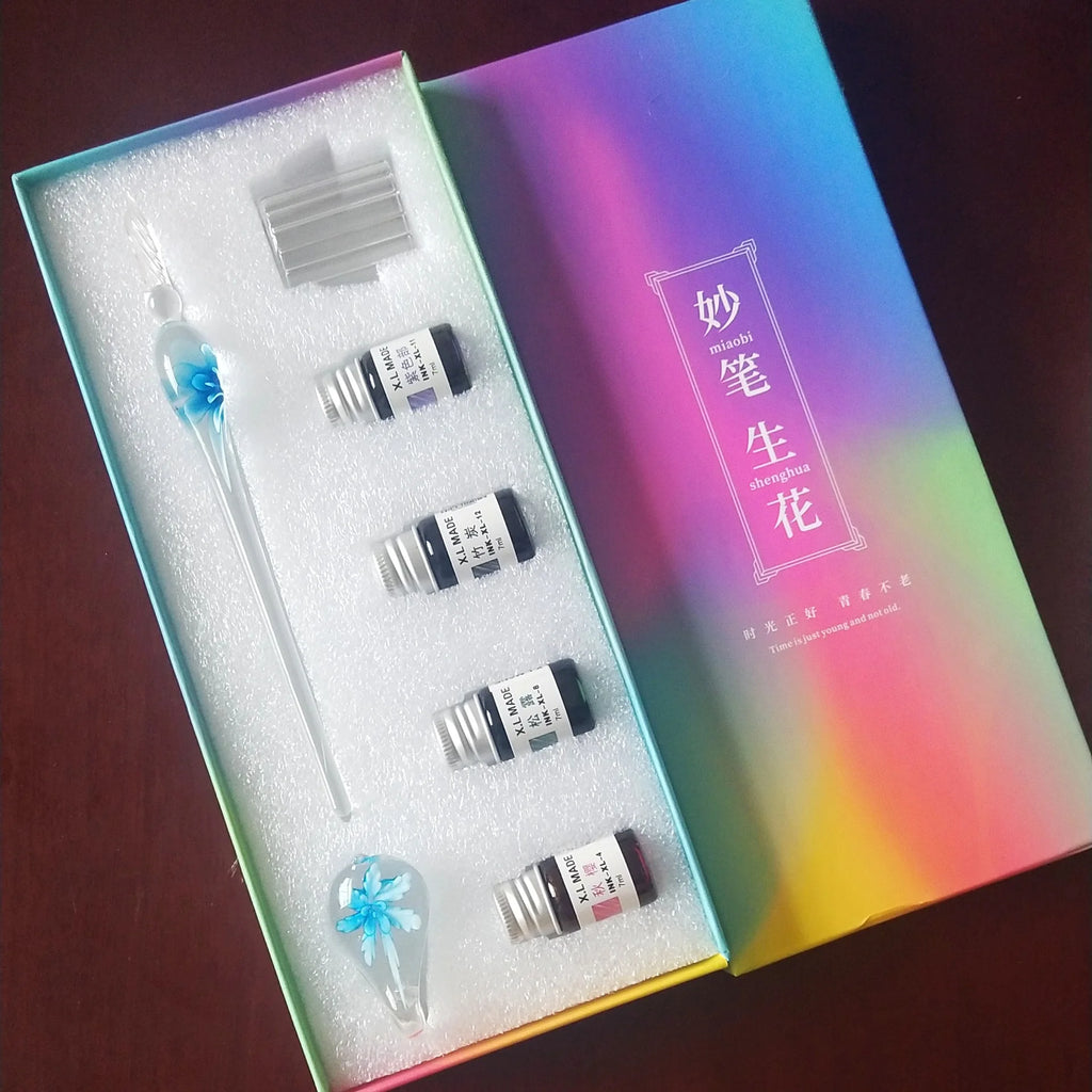 Embedded Flower Glass Pen Set Starry Sky Gold Powder Color Ink Dip in Water Pen Gift Box for Friends and Students as Gift Pen Oasis Select 22