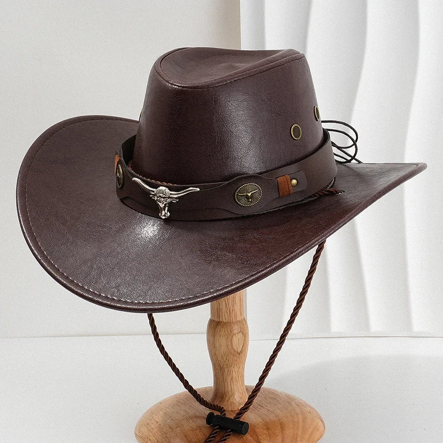 Unisex Vintage Faux Leather Western Cowboy Hat Outdoor Gentleman Cowgirl Jazz Cap Sombrero Hombre Cowboy Hat Oasis Select wine red