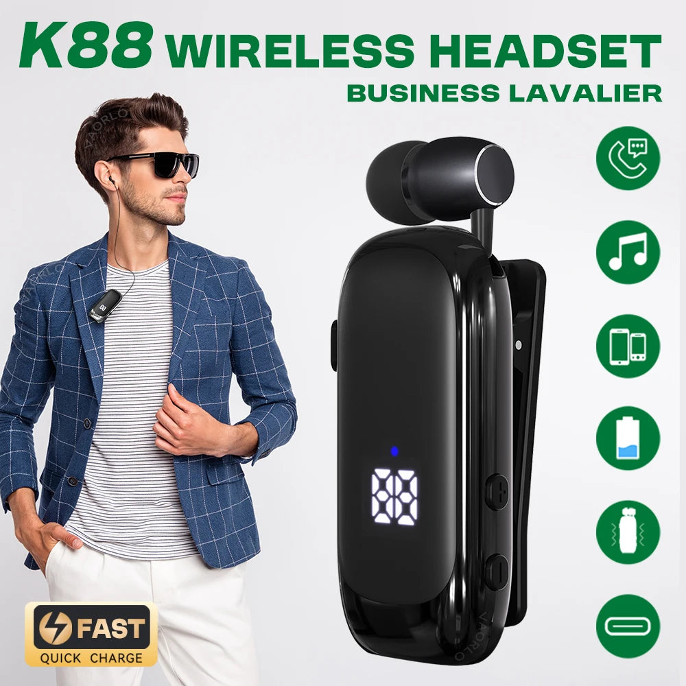 K88 Lavalier Business Bluetooth 5.4 Headphone Talk/Music Time 20 Hours,LED Digital Display,Noice Cancelling Wireless Earphones Oasis Select