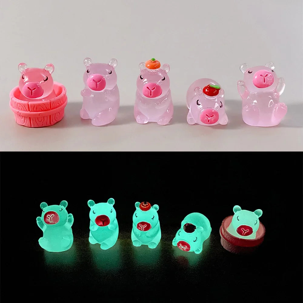 5PCS Luminous Capybara Mini Resin Animals Figurines Desktop Tabletop Outdoor Craft Decor for Miniature Garden Home Accessories Oasis Select Luminous-Pink-5Pcs