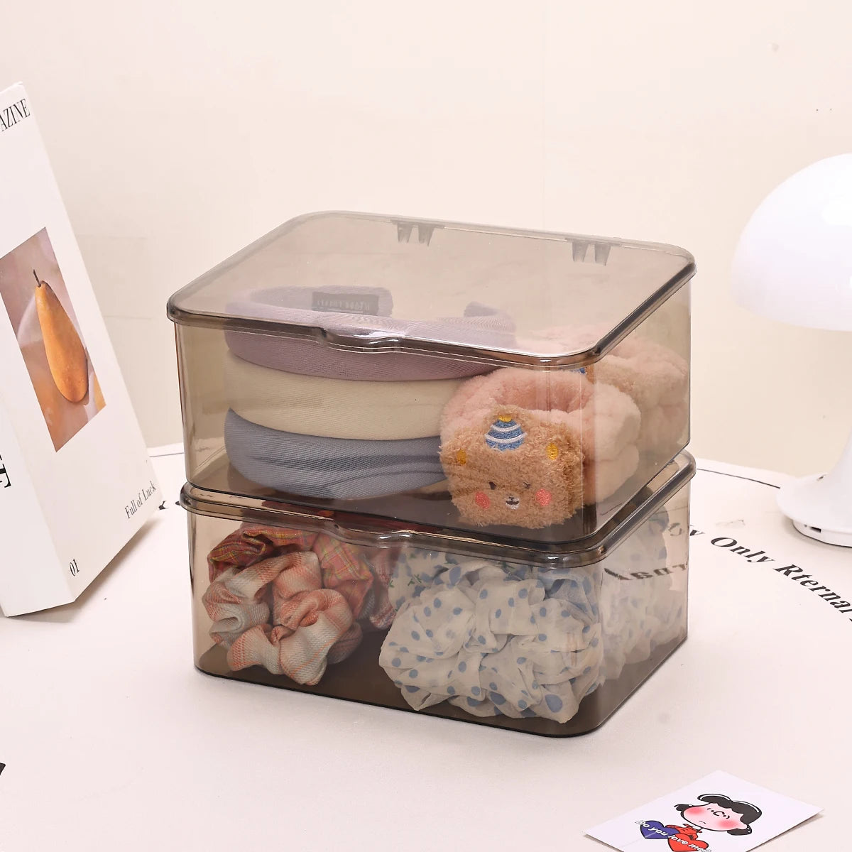 1pc transparent/transparent black flip cover hair accessory storage box desktop stackable jewelry hair accessory storage box Oasis Select