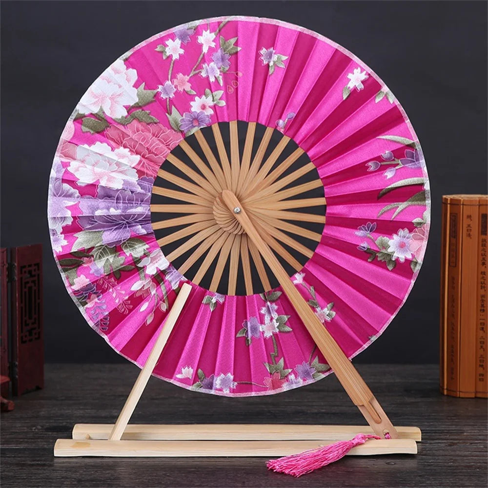 New Japanese Sakura Flower Pocket Folding Hand Fan Round Circle Party Decor Gift Bamboo Windmill Folding Fan Chinese Fans Oasis Select Rose Red