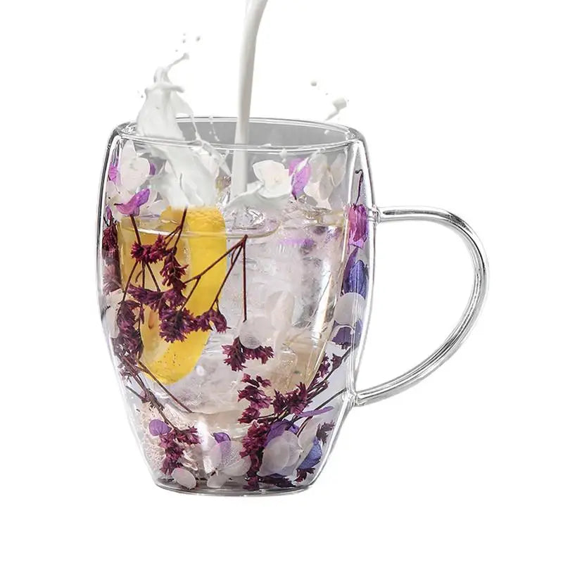 Double Wall Glass Cup Dried Flowers Glass Cup 350ml Anti-Scalding Mug Coffee Mug for Milk Chocolate Tea Juice Hot Cold Beverages Oasis Select
