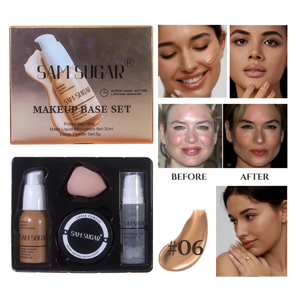 SAM SUGAR Makeup Base Set – Primer, Foundation & Loose Powder