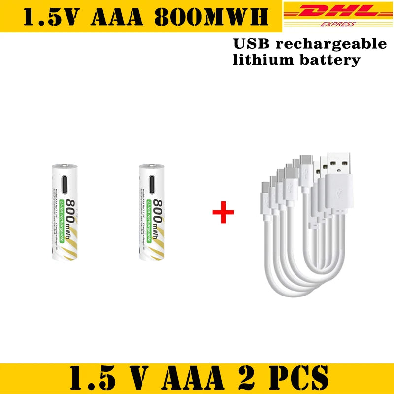 AAA and AA Rechargeable Batteries USB Lithium-ion 3400mWh 1.5V AA Rechargeable Batteries+800mWh 1.5V AAA Battery+ Type-C Cable Oasis Select 1.5V AAA 2pcs-Cable