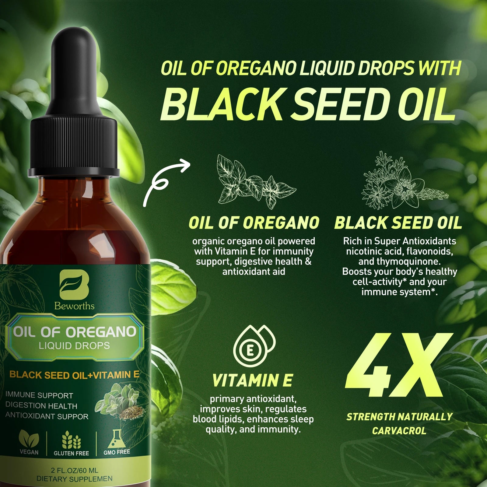 BEWORTHS Oregano Oil Drop with Black Seed Oil, Vitamin E for Immune,Antioxidant,Gut Detox Cleanser Support Non-GMO,Vegan Oasis Select