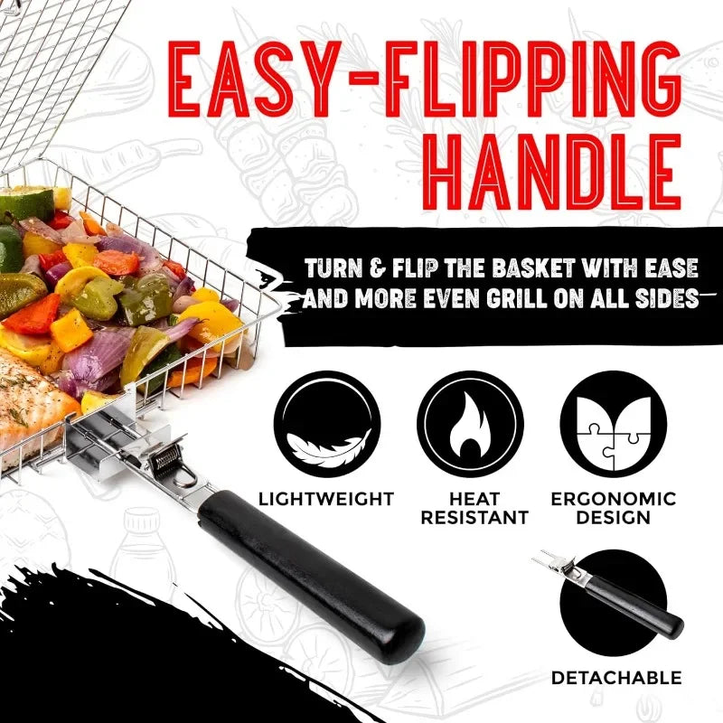 Portable Stainless Steel Folding Grill Basket BBQ Grill Basket With Handle for Fish Vegetables Shrimp Cook Accessories Outdoor Oasis Select