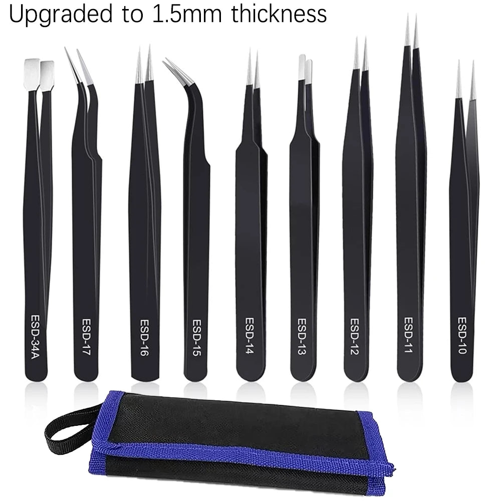 Precision ESD Anti-Static Tweezers Tool 6-10pcs Stainless Steel, 1.5MM Thick, for Electronics Repair Craft Modeling DIY Nail Art Oasis Select