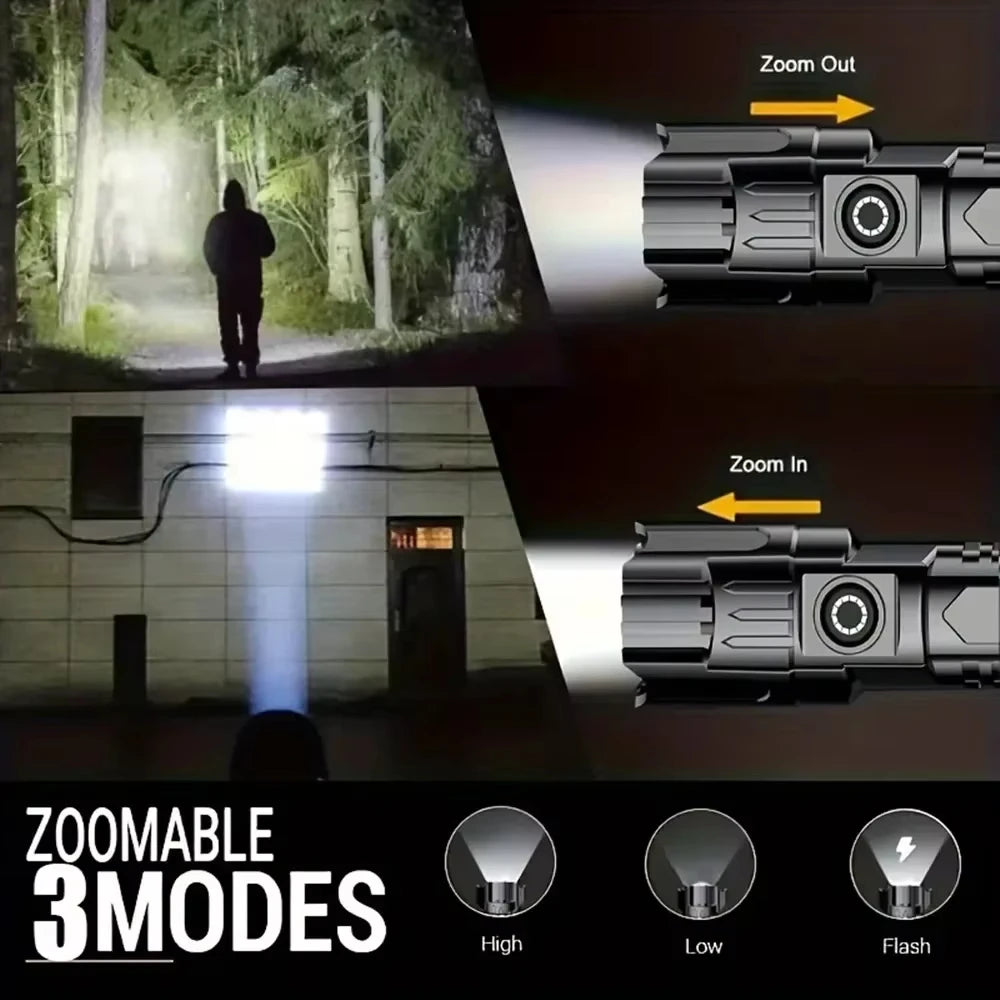 Ultra Bright Zoomable LED Flashlight,Rechargeable 3 Lighting Modes Portable High Lumens Outdoor Camping Fishing Emergency Hiking Oasis Select