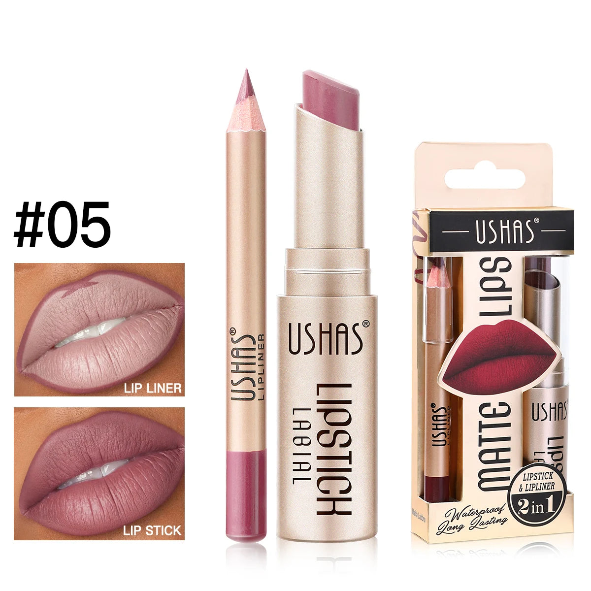 USHAS 12-Color Matte Lipstick & Lip Liner Set – Waterproof