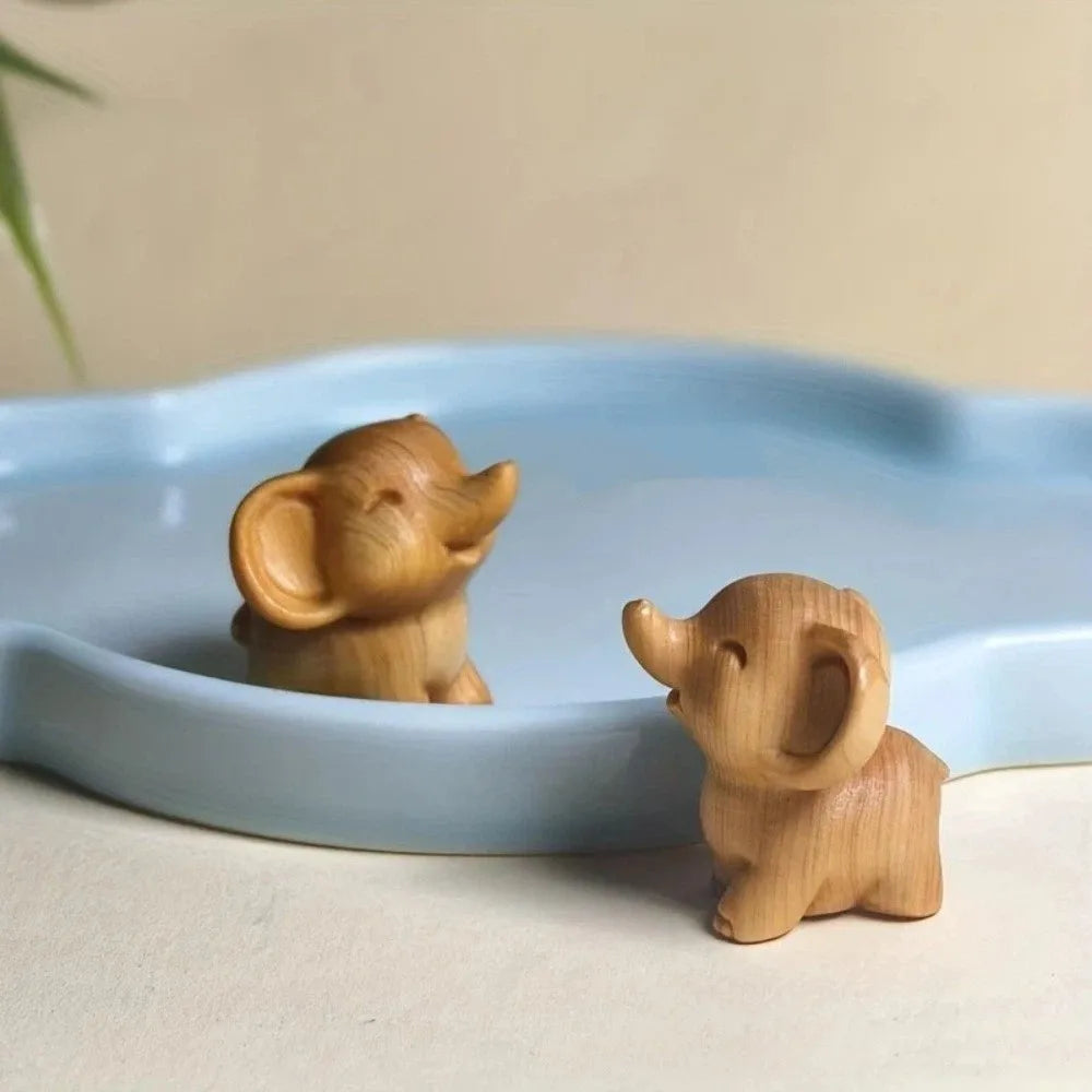 Hand-Carved Wooden Elephant Figurine | Mini Tabletop Ornament
