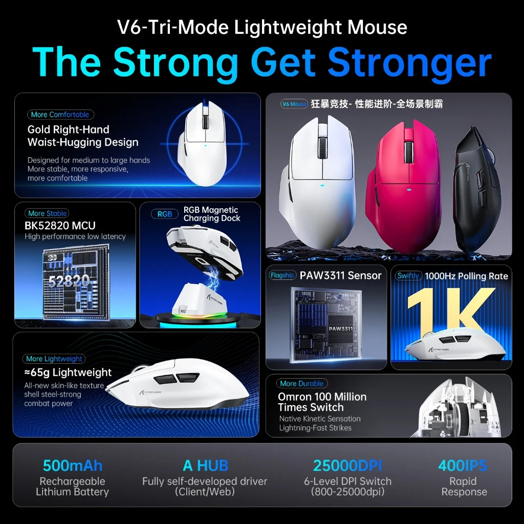 Attack Shark V6 Tri-Mode Gaming Mouse Wireless, 65g UltraLight, PAW3311 Sensor, RGB Magnetic Charging Dock,1000Hz 500mAh Battery Oasis Select